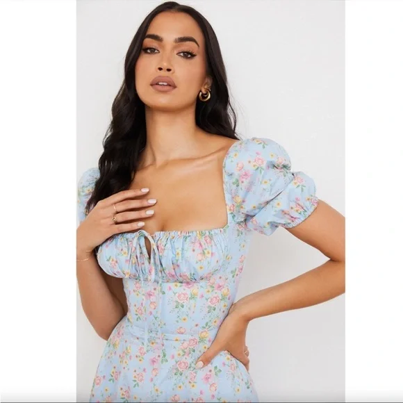 House of CB Tallulah Blue Vintage Floral Puff Sleeve Midi Dress - Picture 5 of 13